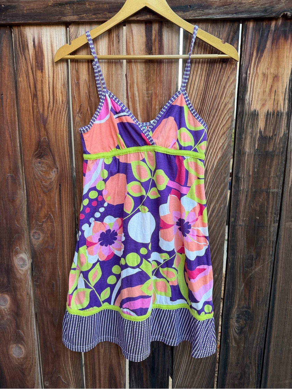 Roxy Y2K Vintage Psychedelic Floral Gingham Trim Cami Mini Dress Medium